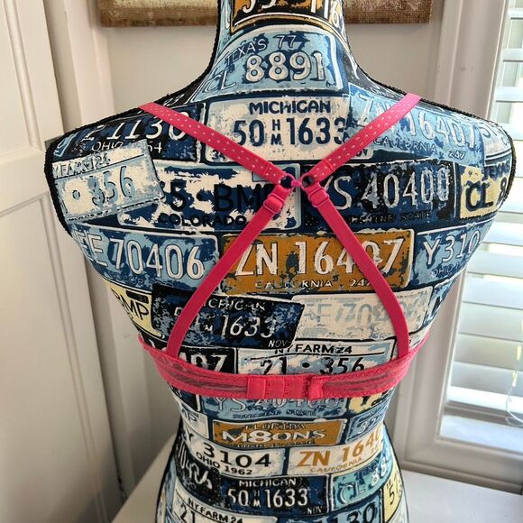 Y2K Style Betsey Johnson Hot Pink Striped Polka Dot Micro Mesh Bra w Bows - Picture 4 of 6